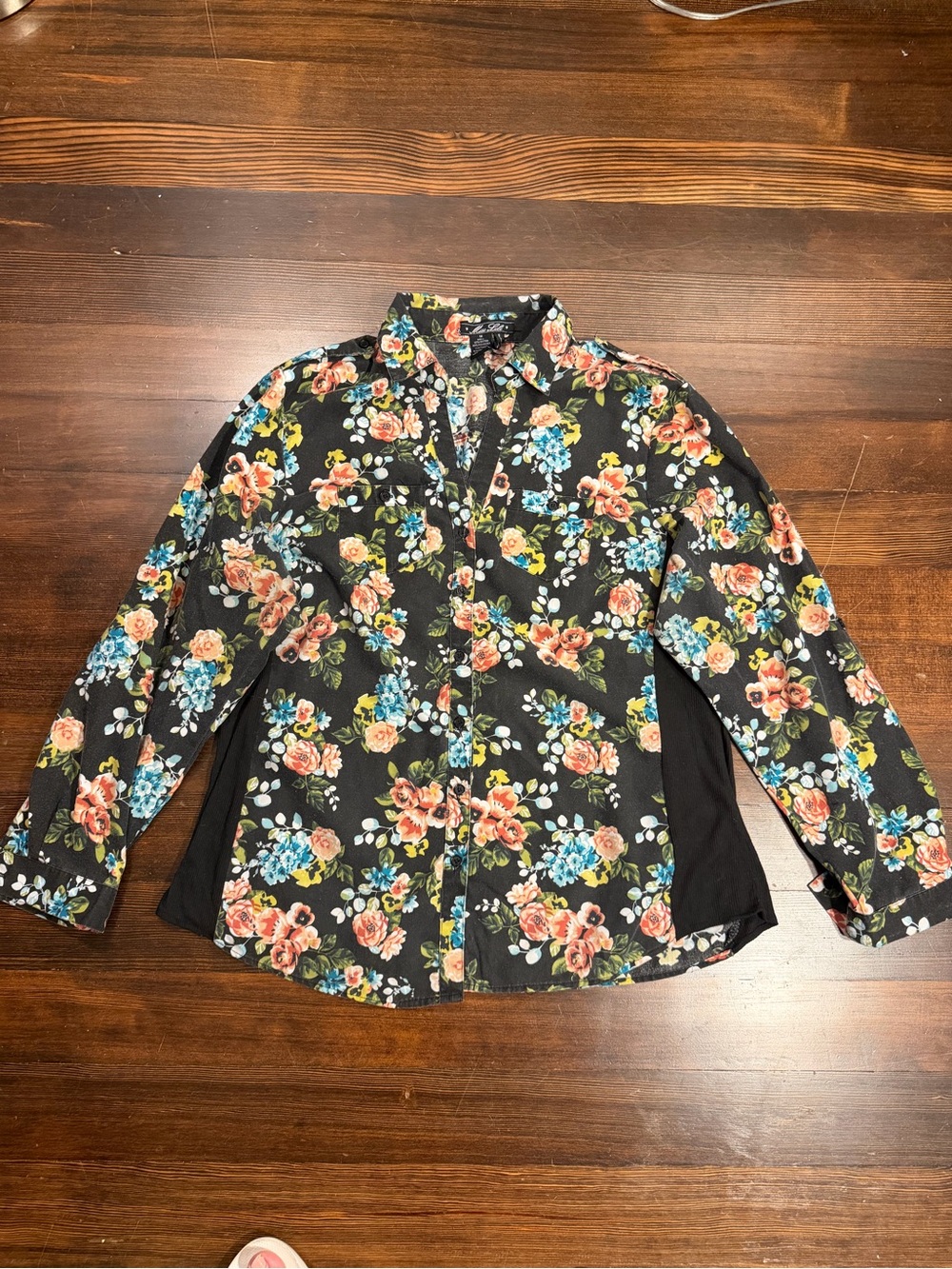 Miss Lili Black Floral Button-Down Shirt with Multicolor Blooms